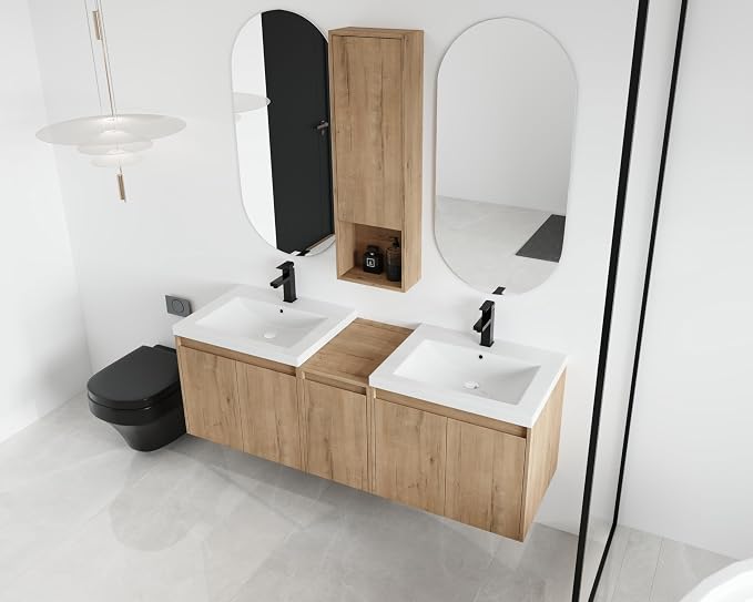 60'' Floating Bathroom Vanity with Double Sink, and 1 Side Cabinet, Brown | Double Sink Combo with 12" Side Cabinet, Plywood Cabinet, Resin Basin, Ample Storage, Soft-close Hinge, Assembly Required