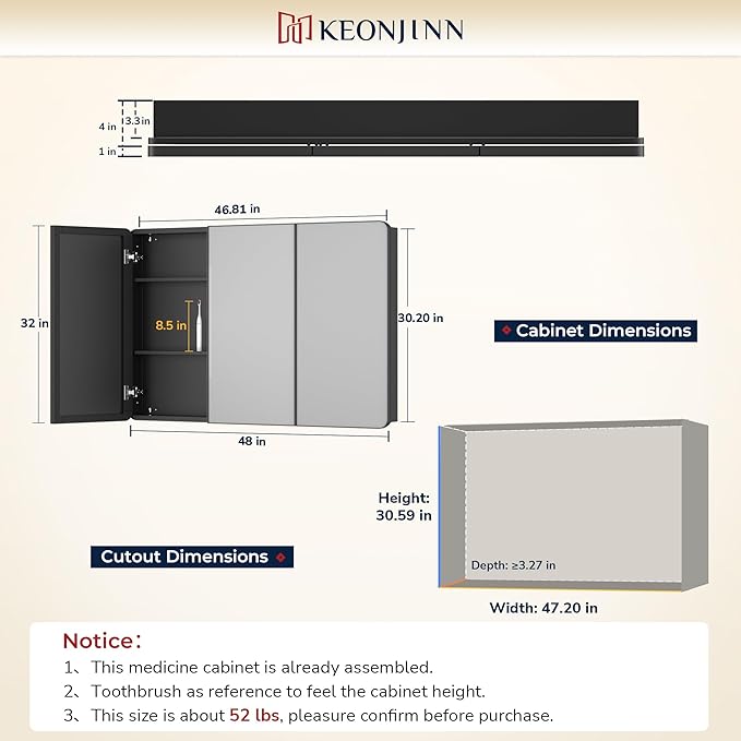 Keonjinn 48 x 32 Inch Large Chrome Medicine Cabinets, Recessed Bathroom Medicine Cabinet, Elegant Stainless Steel Framed, Sturdy & Heavy, Stepless Adjustable Shelves, DTC Hinges, Soft Closing