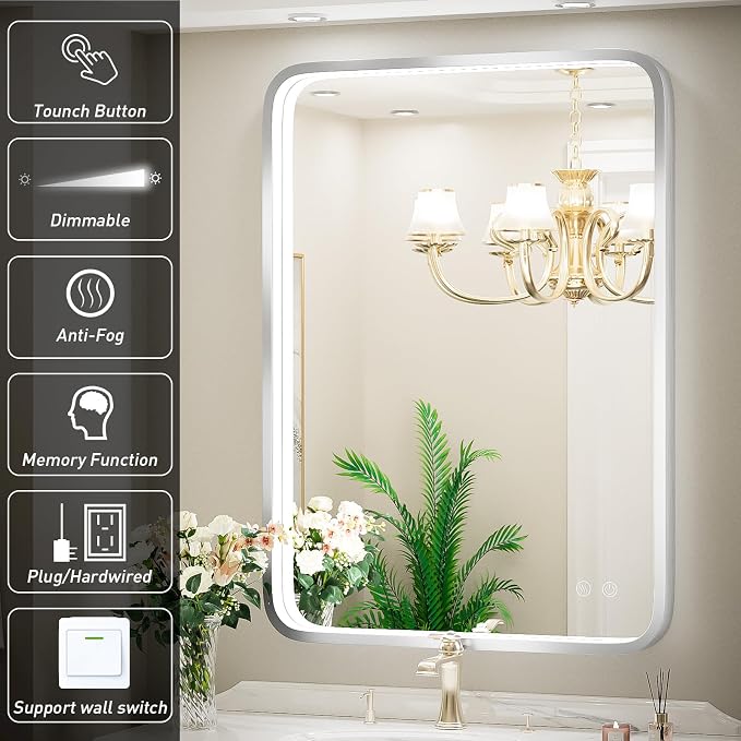 24x36 Inch LED Sliver Frame Bathroom Mirror,3-Color