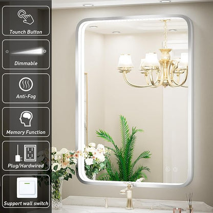 24x36 Inch LED Sliver Frame Bathroom Mirror,3-Color