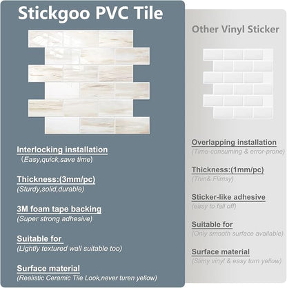 STICKGOO 10-Sheet Subway Tile Peel and Stick Backsplash, Wooden Grain | Glossy Marble Look Kitchen Backsplash Wall Tiles, Peel and Stick Wall Panels for Bathroom, Fireplace, RV