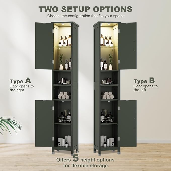 67" Tall Bathroom Storage Cabinet with Lights, Slim Narrow Bathroom Cabinet Organizer with Doors and Adjustable Shelves, Tall Cabinet for Small Space (66.9" Tall-Green with Light)
