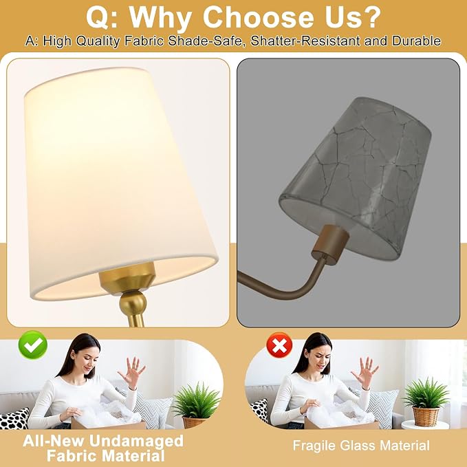 Bathroom Light Fixtures, 3-Light Brushed Gold Vanity Lights, 25" Bathroom Lighting Fixtures Over Mirror with White Flared Fabric Shade, Modern Wall Sconces for Bathroom Bedroom Living Room Hallway