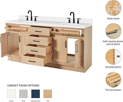 ARIEL Hepburn 72-inch Bathroom Vanity with Sink,Solid Wood, 1.5-inch Pure White Quartz Countertop & Backsplash, Double Oval Porcelain Sink, 4 Soft Closing Doors, 6 Dovetail Drawers, White Oak