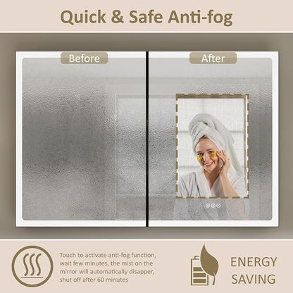 36x32 Inch Medicine Cabinet with Mirror, Recessed or Surface Mount Bathroom Medicine Cabinet with LED Lights, Anti-Fog, Adjustable Shelf, Dimmable Light, Outlets & USB, ETL Listed, Black