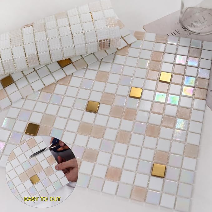 11.5 sq.ft White Glass Mosaic Tile for Bathroom, Pool, Kitchen Backsplash | Waterproof Wall & Floor Tile. Heat & frost resistant outdoors. Mesh-mounted easy install. Use any grout. Easy clean. 10pcs.