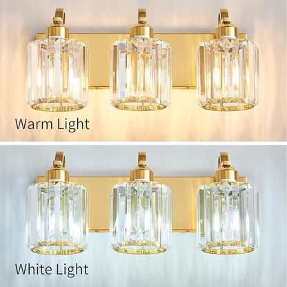 3-Light Gold Bathroom Light Fixtures,Modern Bathroom Vanity Lights Fixture with Clear Crystal Glass Shade, Modern Crystal 3 Lights Wall Sconce (Exclude Bulb)