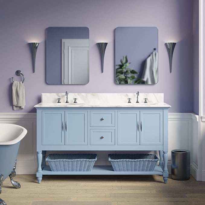 Beverly 60-inch Double Bathroom Vanity (Carrara/Powder Blue): Includes Powder Blue Cabinet with Authentic Italian Carrara Marble Countertop and White Ceramic Sinks