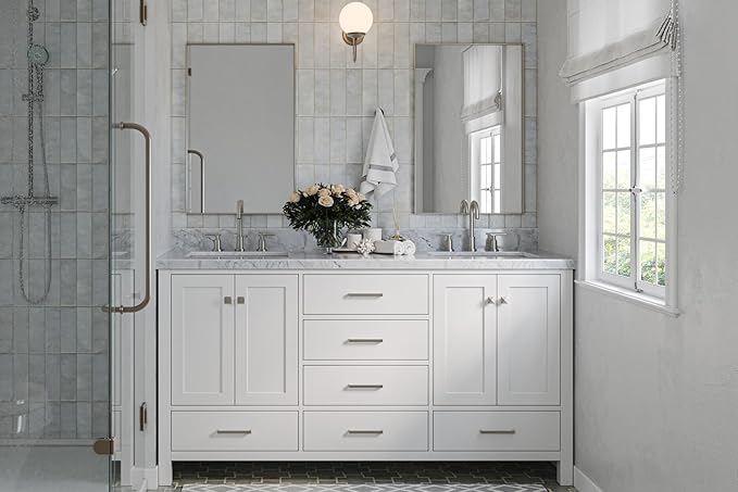 ARIEL Cambridge 66-inch Bathroom Vanity with Sink,Solid Wood, 1.5-inch Italian Carrara Marble Countertop, Double Rectangular Porcelain Sink, 4 Soft Closing Doors, 6 Dovetail Drawers, White