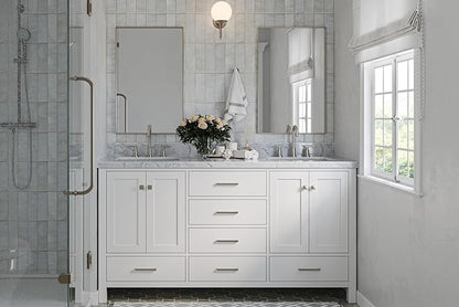 ARIEL Cambridge 66-inch Bathroom Vanity with Sink,Solid Wood, 1.5-inch Italian Carrara Marble Countertop, Double Rectangular Porcelain Sink, 4 Soft Closing Doors, 6 Dovetail Drawers, White