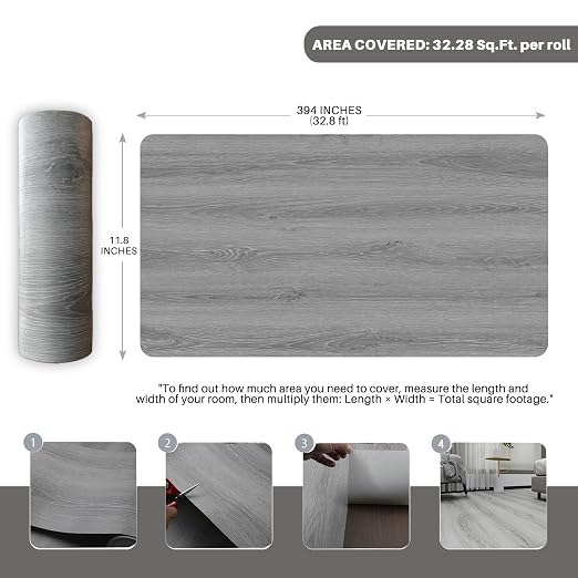 Wood Grain Peel and Stick Floor Tiles, 11.8" W × 394" L, Soft Gray | Soft wood‑look finish, Non‑slip texture, Long rolls reduce seams, Low‑maintenance surface, Budget‑friendly option, Waterproof