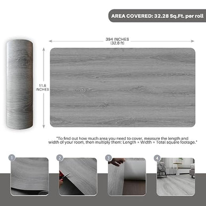 Wood Grain Peel and Stick Floor Tiles, 11.8" W × 394" L, Soft Gray | Soft wood‑look finish, Non‑slip texture, Long rolls reduce seams, Low‑maintenance surface, Budget‑friendly option, Waterproof