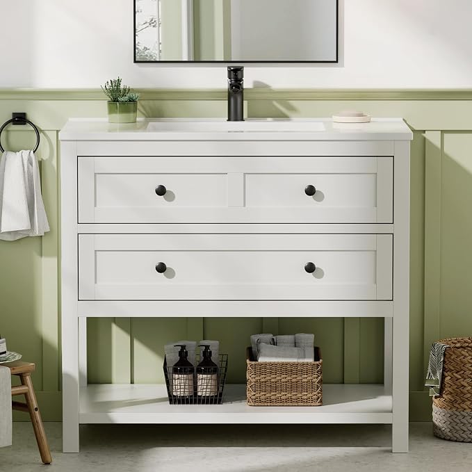 36 Inch Bathroom Vanity with Sink, White | Farmhouse Storage Cabinet with SMC Integrated Sink, Drawers & Open Storage Shelf, Easy Assembly, Adjustable Feet