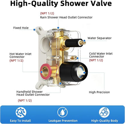 Shower Faucet Set With 8" Shower Head And Handheld Black | Wall Mounted Shower System Valve Include 2 Function