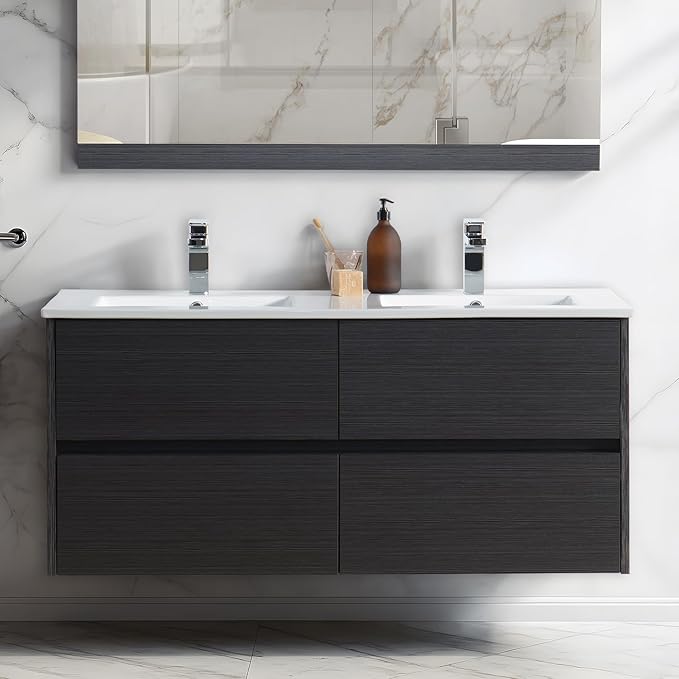 Blossom 48 inch Bathroom Vanity with Sink, Double Ceramic Sink Wall Mounted Floating Bathroom Vanity Cabinet, All Wood Bathroom Storage Organizer, Soft-Closing U-Shaped Cutout Drawers, Silver Grey