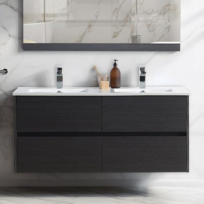 Blossom 48 inch Bathroom Vanity with Sink, Double Ceramic Sink Wall Mounted Floating Bathroom Vanity Cabinet, All Wood Bathroom Storage Organizer, Soft-Closing U-Shaped Cutout Drawers, Silver Grey