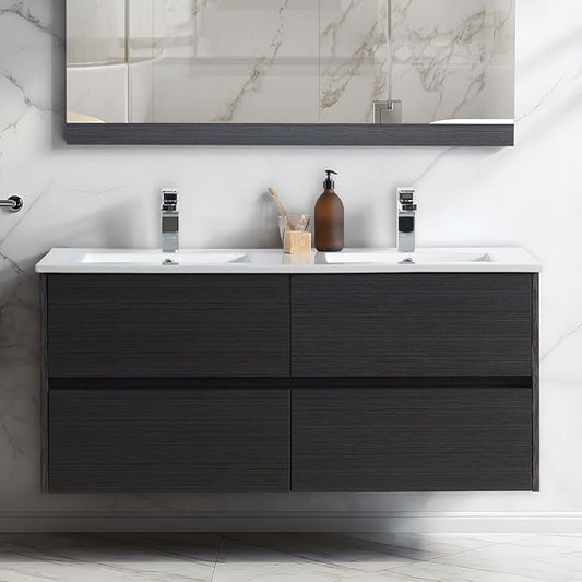 Blossom 48 inch Bathroom Vanity with Sink, Double Ceramic Sink Wall Mounted Floating Bathroom Vanity Cabinet, All Wood Bathroom Storage Organizer, Soft-Closing U-Shaped Cutout Drawers, Silver Grey