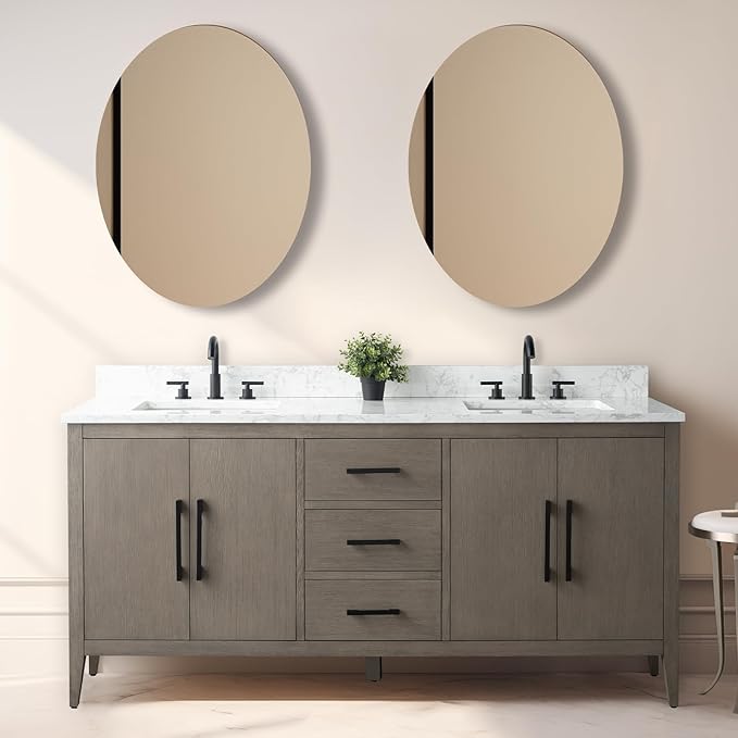 Vanity Art 72 inch Bathroom Vanity with Double Sink & Ceramic Top, Vanity Cabinet with Soft-Closing Doors, Drawers, Solid Wood Frame, Driftwood Gray, Matte Black Handware