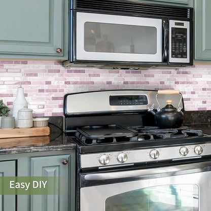 10 Sheets Thick Peel and Stick Kitchen Backsplash Tiles | 3D Waterproof Self Adhesive Wall Tile Stick on Backsplash for Kitchen,Bathroom and Fireplace(Pink,12"×12")