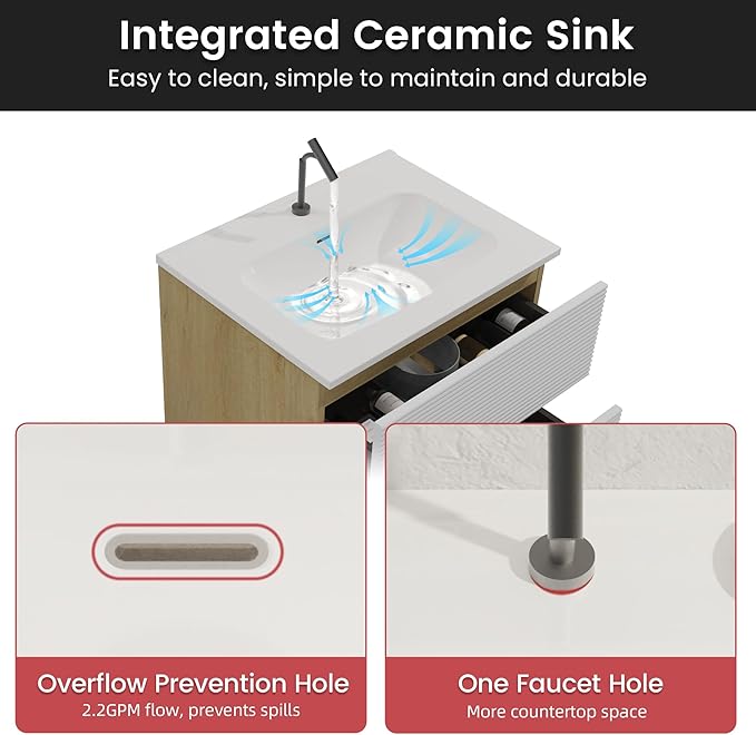 24'' Floating Bathroom with Sink Combo, Modern Bathroom Cabinet with 2-Soft Close & Large Storage Drawers, for Small Space, Apartment, Hotel, White and Natural (Already Assembled)