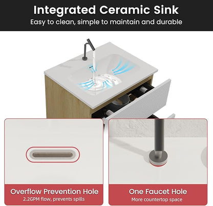 24'' Floating Bathroom with Sink Combo, Modern Bathroom Cabinet with 2-Soft Close & Large Storage Drawers, for Small Space, Apartment, Hotel, White and Natural (Already Assembled)