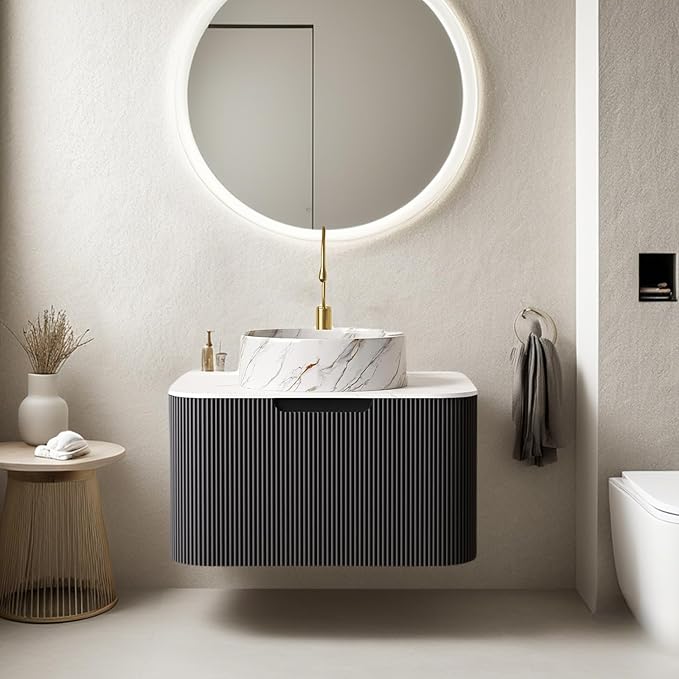 24" Floating Modern Bathroom Vanity with Sink, Cabinet with Ultra-Thin Marble Ceramic Basin and Top, Extra Large Storage Drawer, Soft-Close Design, Gloss Black
