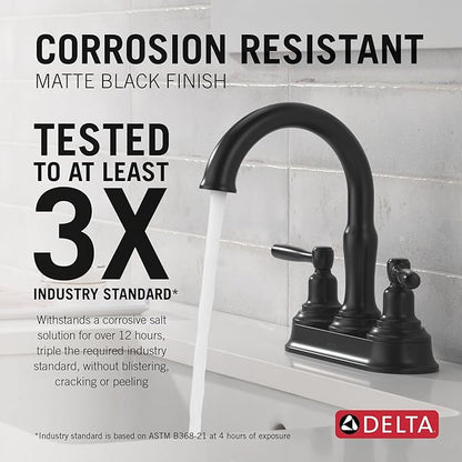 Delta Roe Centerset Matte Black Bathroom Faucet, 4 Inch 3 Hole Bathroom Sink Faucet for Vanity, Push-Pop Drain Assembly, Matte Black 25985LF-BL