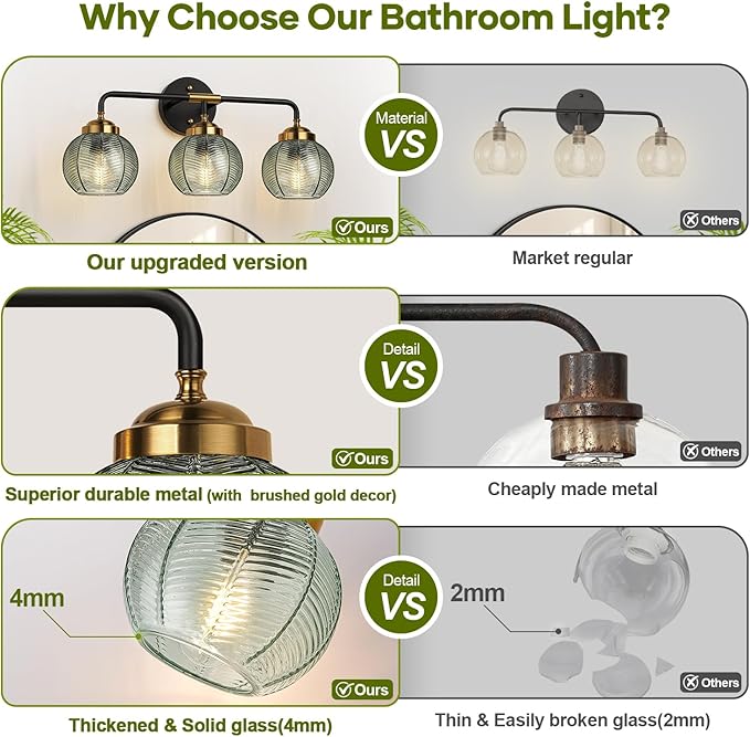 Bathroom Light Fixtures, 3-Light Green Vanity Lights with Unique Leaf Texture Glass Shade, Modern Matte Black and Gold Bathroom Wall Lamp for Mirror Hallway Cabinet Living Room