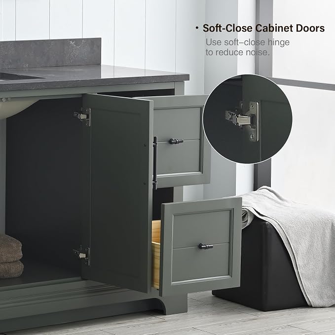 Vanity Art 60 Inch Bathroom Vanity with Single Sink, Silver Grey | Solid Wood, Ceramic Sink, Marble Top, Waterproof Backsplash, Pre-assembled, Soft-close Doors, Ample Storage, Freestanding