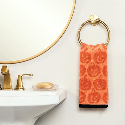 SKL Home Halloween Jack-O-Lantern Hand Towel Set-2pc, 100% Cotton, Orange | Soft & absorbent. Reversible jacquard pattern. Great for the bathroom, kitchen or bar & gifting.