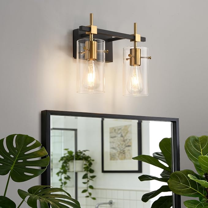 SOLFART Vintage Vanity Light Fixtures Wall Light for Bathroom Over Mirror Light with Glass Shade Light Fixtures (2 Lights-Exclude Bulb)