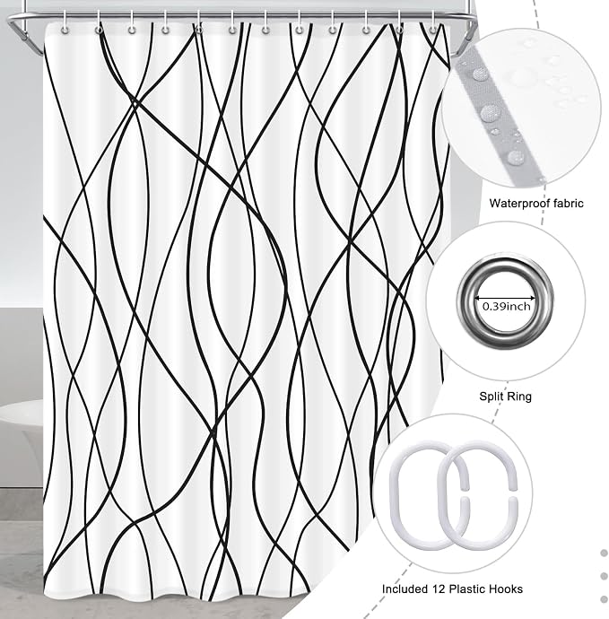 Striped Shower Curtain for Bathroom, White Black, 72" W x 96" L | with Hooks, Modern Hotel Style, Water Repellent, Washable, Weighted Hem