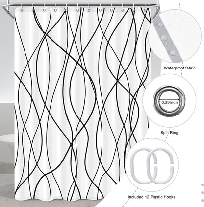 Striped Shower Curtain for Bathroom, White Black, 72" W x 96" L | with Hooks, Modern Hotel Style, Water Repellent, Washable, Weighted Hem