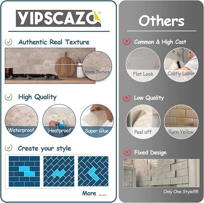 Yipscazo Peel and Stick backsplash 3 x 6 Inches, Backsplash Tile Peel and Stick Tile for Kitchen, Bathroom, Laundry Room, Fireplace (Beige Stone Texture, 32 Pieces)