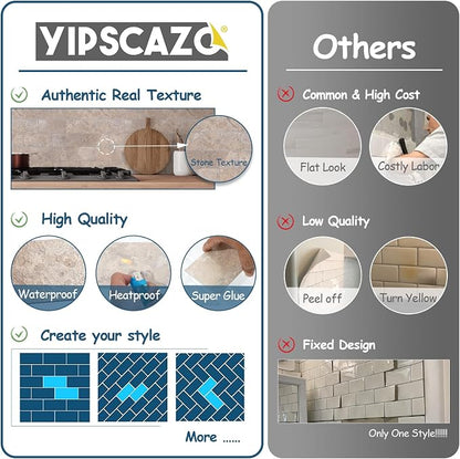 Yipscazo Peel and Stick backsplash 3 x 6 Inches, Backsplash Tile Peel and Stick Tile for Kitchen, Bathroom, Laundry Room, Fireplace (Beige Stone Texture, 32 Pieces)