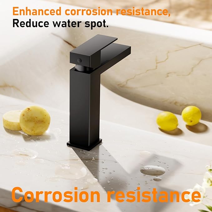 Phiestina 4 Inch Black Single Hole Bathroom Faucet Single Handle Vanity Faucet Matte Black Bathroom Faucet for Sink 1 Hole with Metal Drain with ‎Deck Plate, Overflow & Water Supply line, BF3530-MB