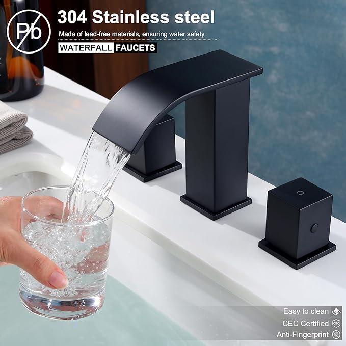 3 Hole Bathroom Faucet, Matte Black 8 inch Bathroom Sink Faucets Widespread 2 Handles, Metal Square Modern Waterfall 3 Hole Bathroom Vanity Faucets with Pop Up Drain, Black Faucet