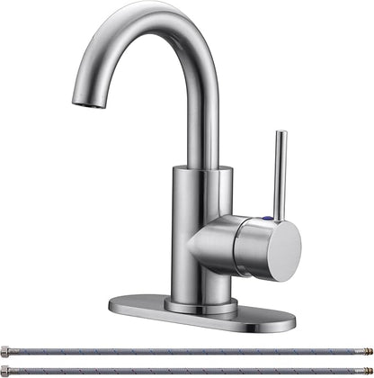 RKF Single-Handle Bathroom Sink Faucet, 360 Degree Swivel Spout Single Hole Faucet with Overflow and Supply Hose,Bar Sink Faucet,Small Kitchen Faucet Tap