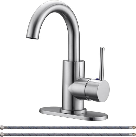 RKF Single-Handle Bathroom Sink Faucet, 360 Degree Swivel Spout Single Hole Faucet with Overflow and Supply Hose,Bar Sink Faucet,Small Kitchen Faucet Tap