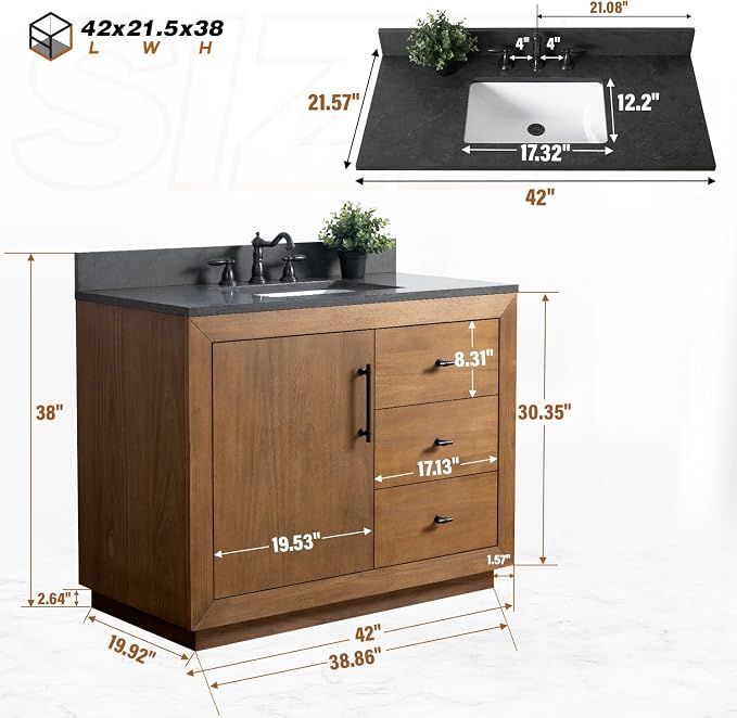 Vanity Art 42 inch Bathroom Vanity with Single Sink, Modern Wood Bath Vanity with Black Carrara Marble Top, Vanity Cabinet with Doors， Removable Shelf, Solid Wood, Ceramic Sink, Tan, VA7042B