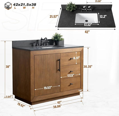 Vanity Art 42 inch Bathroom Vanity with Single Sink, Modern Wood Bath Vanity with Black Carrara Marble Top, Vanity Cabinet with Doors， Removable Shelf, Solid Wood, Ceramic Sink, Tan, VA7042B