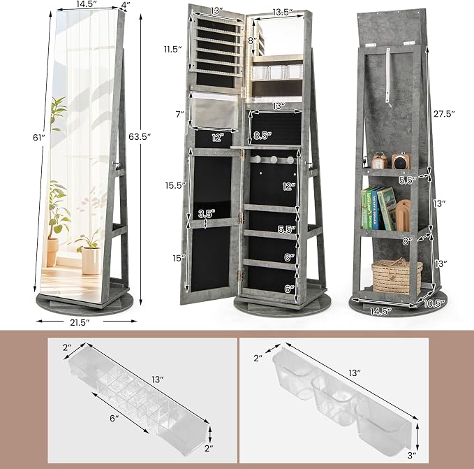 MAT EXPERT 360° Rotating Jewelry Armoire, Lockable Freestanding Jewelry Organizer w/Full-length Mirror, 3-Color LED Lights, Rear Storage Shelves, Mirror Jewelry Cabinet for Bedroom (Stone Gray)