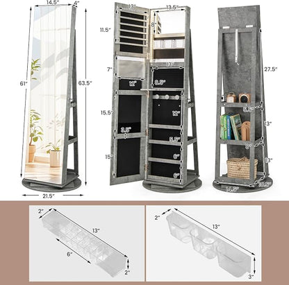 GOFLAME 360° Rotating Jewelry Cabinet with Full-Length Mirror, Freestanding Jewelry Armoire with 3-Color LED Light and Back Storage Shelf, Lockable Jewelry Organizer for Bedroom Cloakroom, Stone Gray