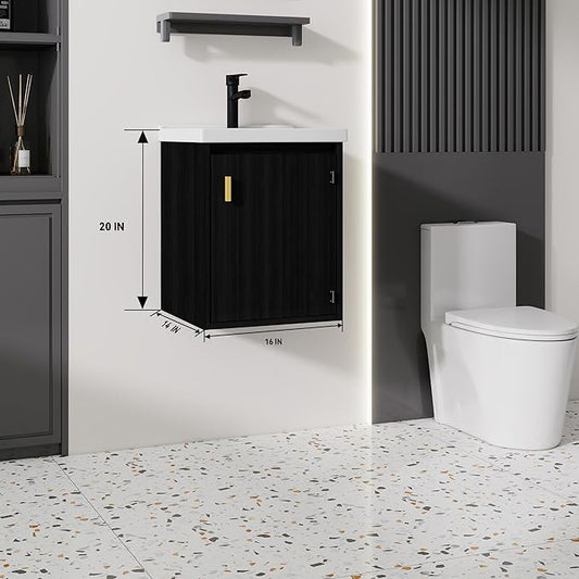 16'' Bathroom Vanity with Ceramic Sink Combo, Wall Mounted Small Bathroom Vanity with Soft-Close Door Modern Floating Cabinet, Pop-up Drain, P-Trap Included, Black(No Faucet)