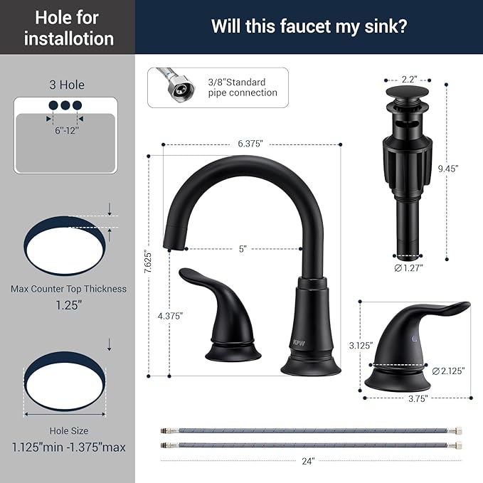 KPW Matte Black Bathroom Faucet 3 Hole, 8 Inch Widespread Bathroom Sink Faucet with Pop-up Drain Assembly and Supply Lines, Two Handle for Lavatory, Restroom