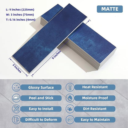 Tilingview 30 PCS Peel and Stick Backsplash Tile for Kitchen/Bathroom/Living Room, 3"x 9" Self-Adhesive Subway Tile for Backsplash, Imitation Glazed Tiles/Handmade Tiles (Matte Navy Blue)