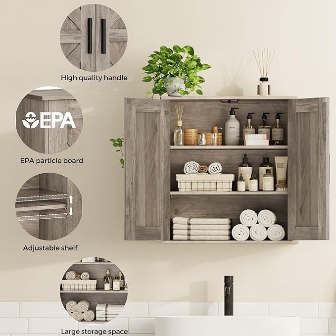 Bathroom Wall Cabinet, Over Toilet Storage Cabinet with Barn Doors and Adjustable Shelves, 3-Tier Medicine Cabinet Wall Mounted, for Bathroom, Kitchen, Entryway, Laundry Room, Greige, (7.9" D)