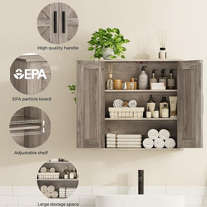 Bathroom Wall Cabinet, Over Toilet Storage Cabinet with Barn Doors and Adjustable Shelves, 3-Tier Medicine Cabinet Wall Mounted, for Bathroom, Kitchen, Entryway, Laundry Room, Greige, (7.9" D)