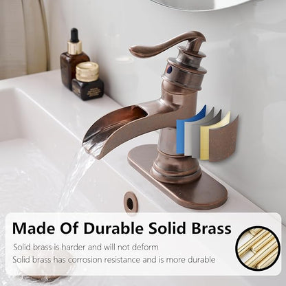 Copper Waterfall Bathroom Faucet Brass Single Handle Bathroom Sink Faucet | 1 Hole or 3 Hole Sink Brass Waterfall Faucet for Vintage Antique Lavatory Washroom with Pop Up Drain Deck Plate by BATHLAVISH