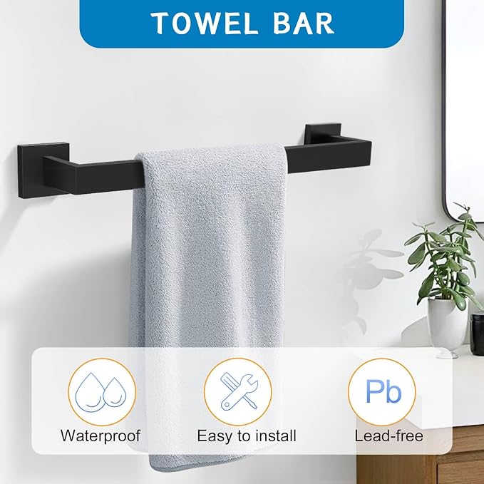 Matte Black 5 Pieces Bathroom Hardware Accessories Set Towel Bar Towel Holder Towel Racks Set for Bathroom,Stainless Steel Wall Mounted 16-Inch Towel Bar